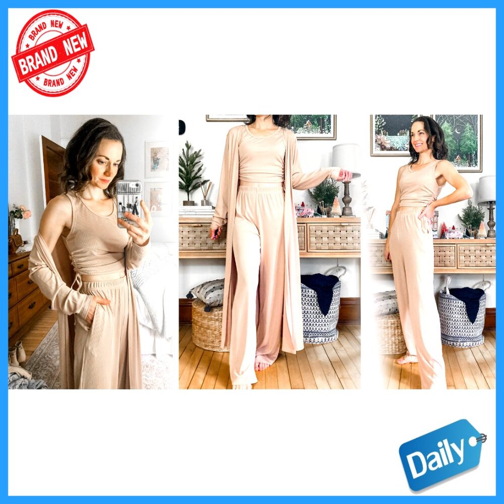 3 Piece Lounge Set Long Sleeve Cardigan Crop Top Pants S-XXL - Picture 7 of 7